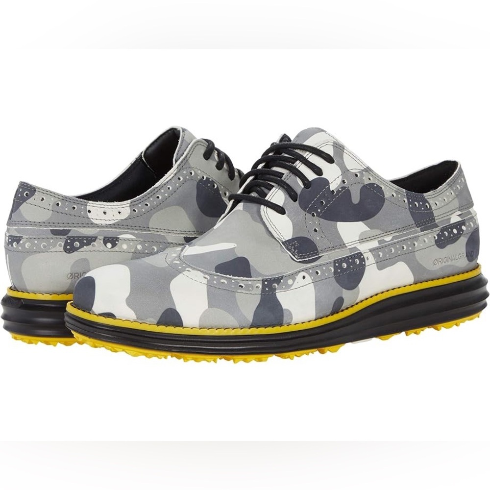 Cole Haan Grey Camo Wingtip Loafers with Yellow Trim